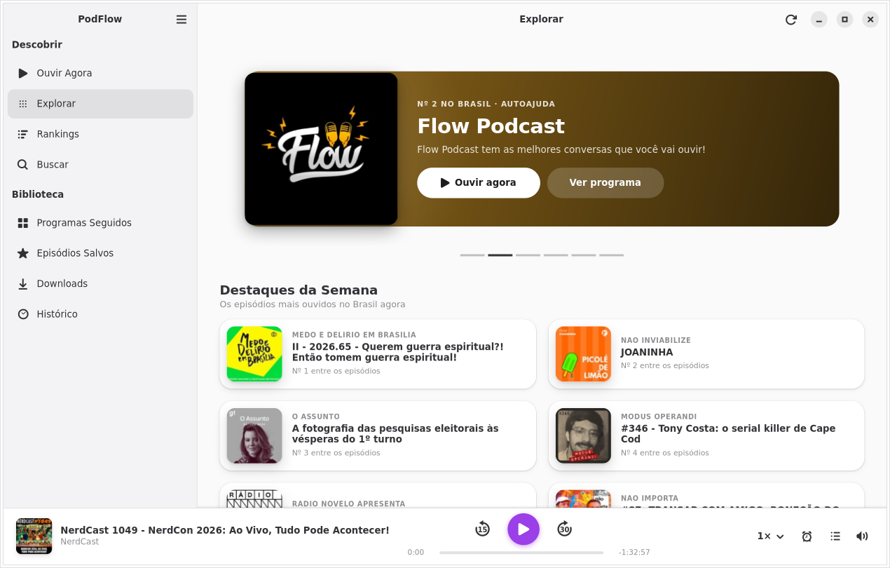 Tela Explorar do PodFlow com destaques da semana