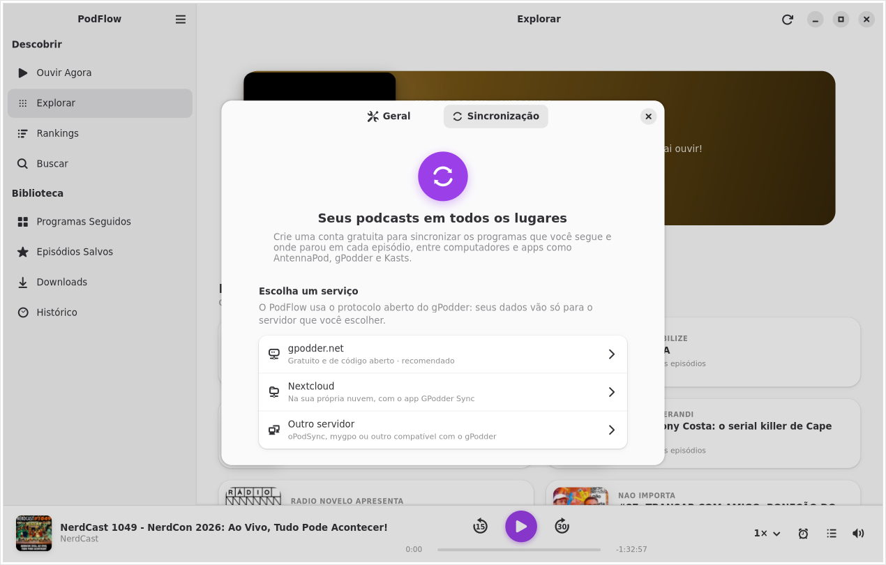 Tela de sincronização com as opções gpodder.net, Nextcloud e outro servidor